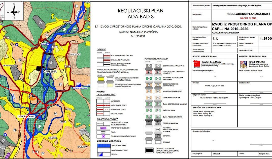 Obavijest o izlaganju na uvid i javnoj raspravi o nacrtu izmjena i dopuna Regulacijskog plana „ADA-BAD 3“