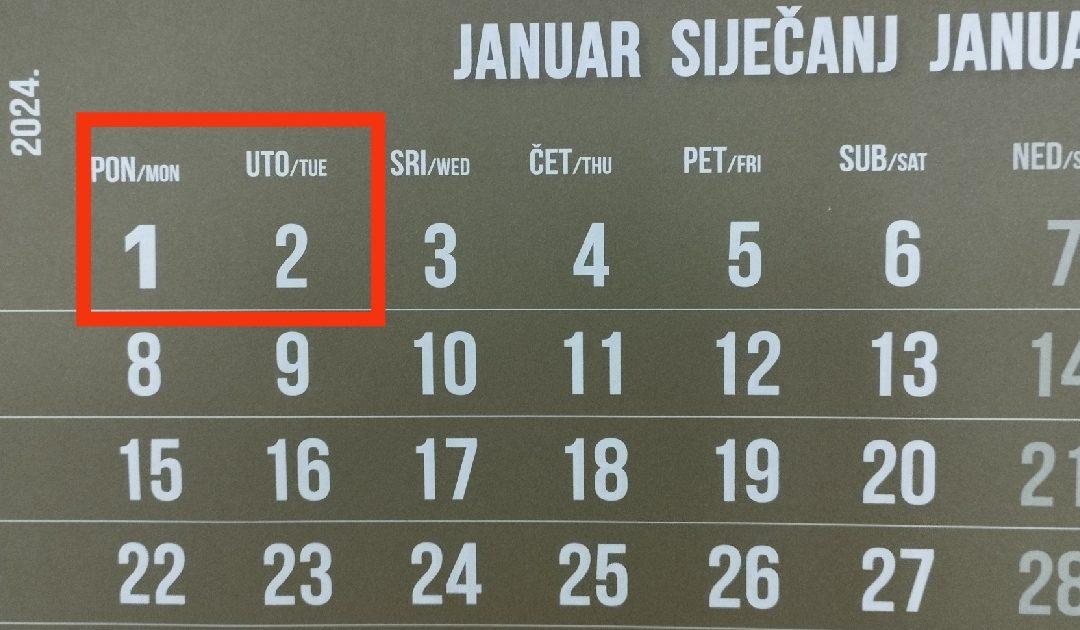 Povodom predstojećih novogodišnjih praznika neradni dani 1. i 2. siječnja 2024. godine
