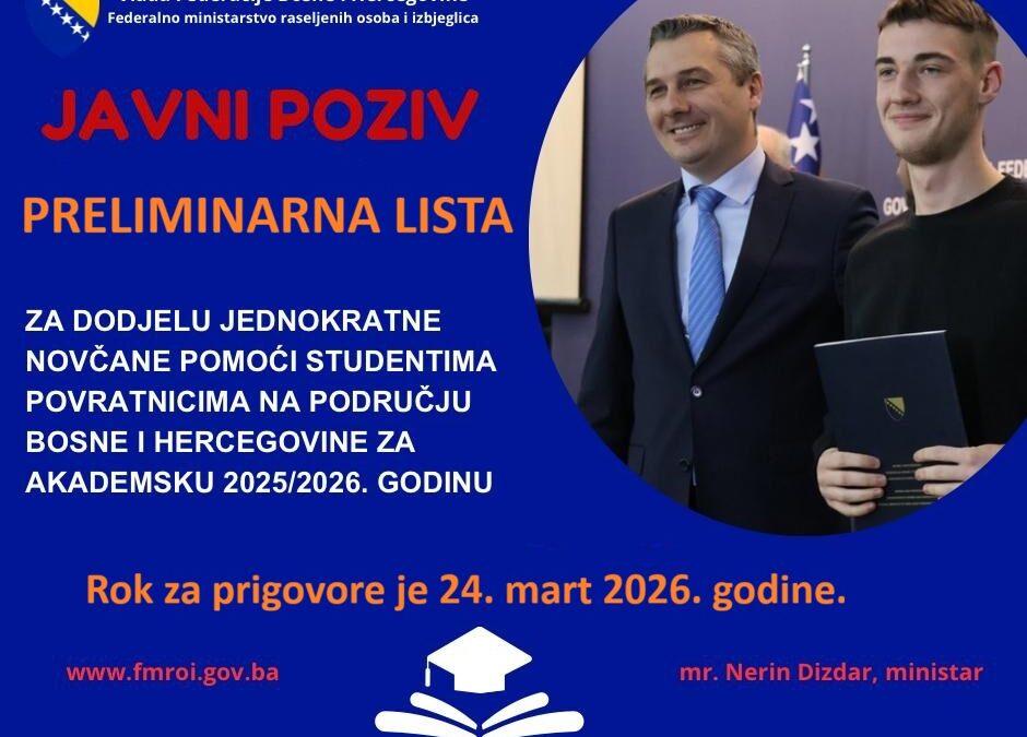 Objavljena preliminarna lista studenata povratnika koji su ostvarili jednokratnu novčanu pomoć