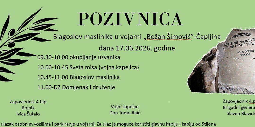 Blagoslov maslinika u vojarni „Božan Šimović“ u Čapljini 17. lipnja