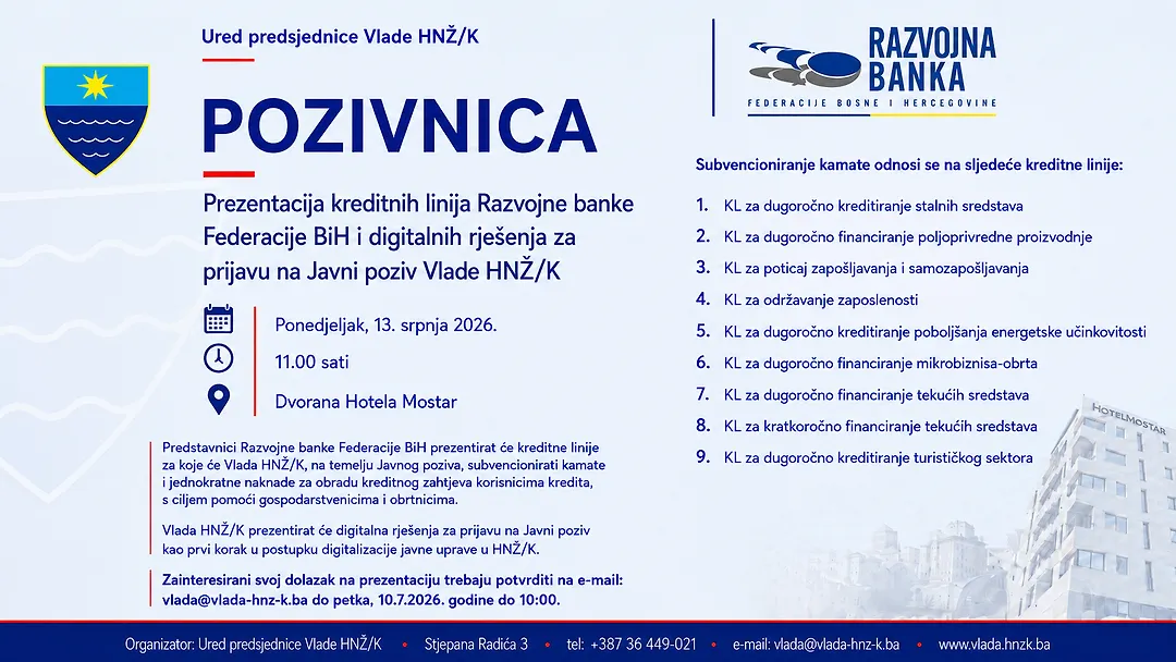 Poziv gospodarstvenicima: U ponedjeljak predstavljanje kreditnih linija za koje će Vlada HNŽ-a subvencionirati kamate i jednokratne naknade